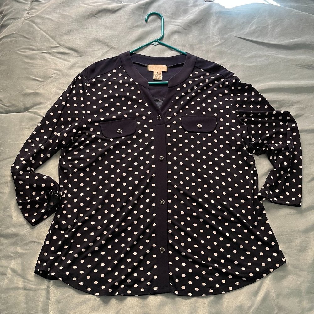 Lot of 2  Diana Belle LS Button up polka dot navy shirt  XL  Serengeti LS  XL
